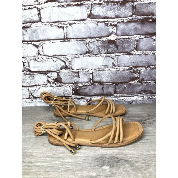 SCHUTZ Magdalena Nude Caramel Nubuck Boho Ankle Lace Sandals Women Sz 7B US/38EU - Picture 1 of 16